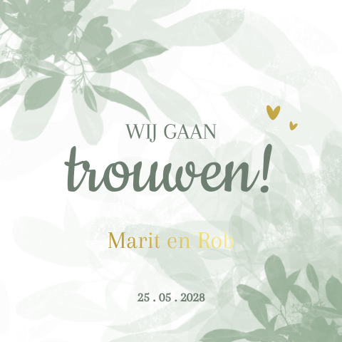 Stijlvolle trouwkaart waterverf goudkleur hartjes