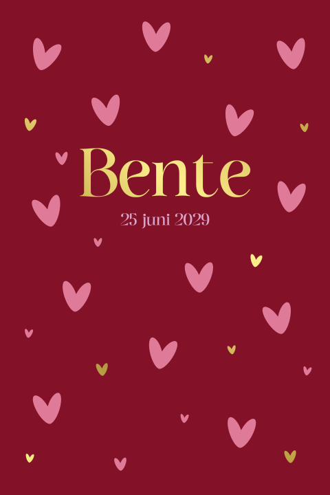 Geboortekaartje meisje in trendkleur rood met goudfolie en hartjes