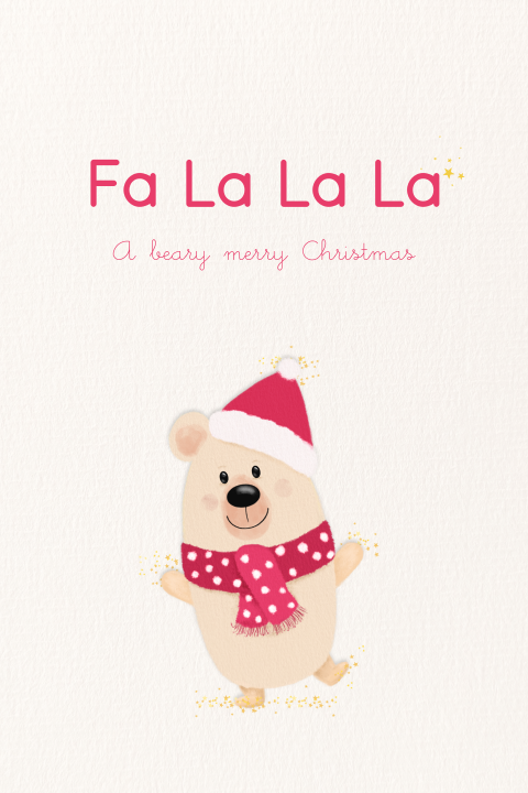 Kerstkaart – Fa La La La – Lieve beertje met kerstmust