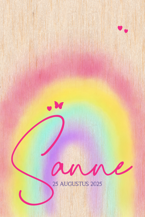 HOUT vrolijke geboortekaart met een regenboog en vlinder