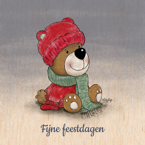 Houten kerstkaart met schattig beertje in een winterse outfit