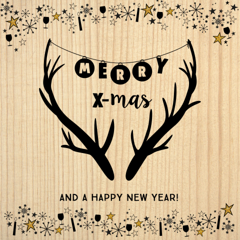 Hippe kerstkaart hout met een gewei sterren en kerstballen