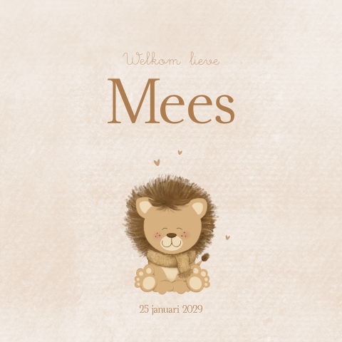 Geboortekaartje met leeuwtje en sjaal in warme wintertinten – Mees