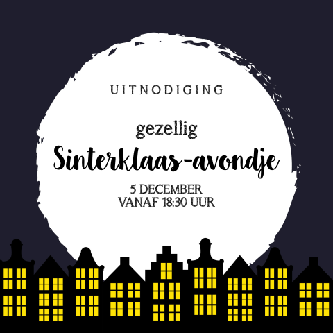 Unieke uitnodiging Sinterklaasfeest blauw met Amsterdamse huisjes