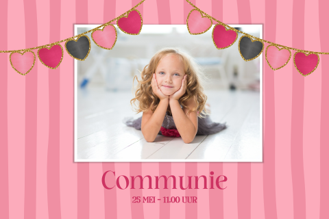 Communiekaart met foto en roze strepen voor meisjes
