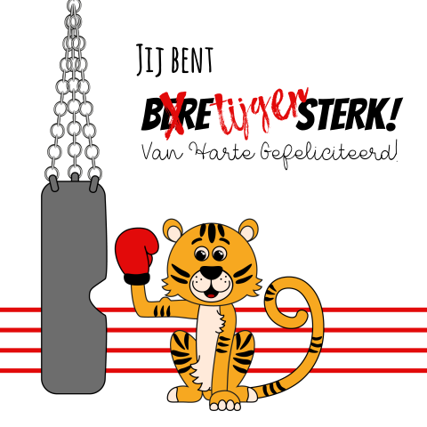 Stoere kinderkaart tijger met een bokshandschoen