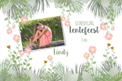 Uitnodiging lentefeest met foto botanica bladeren en bloemen