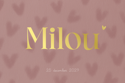 Geboortekaartje meisje bruinroze goudfolie hartjes romantisch – Milou