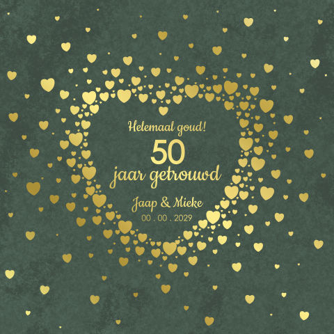 Uitnodiging jubileum 50 jaar getrouwd – mosgroen met goudfolie hartjes