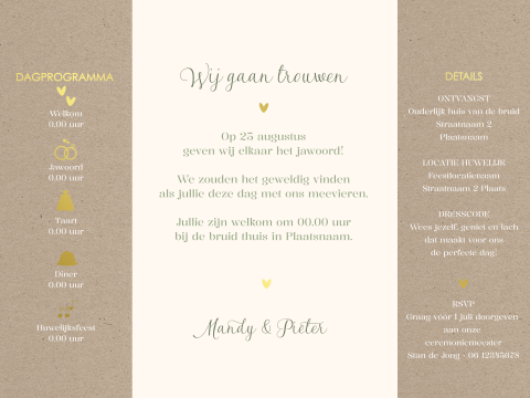 Trouwkaart theater met olijfgroene strepen en goudfolie