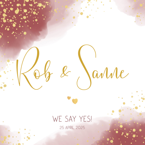 Stijlvolle trouwkaart waterverf goudkleur hartjes