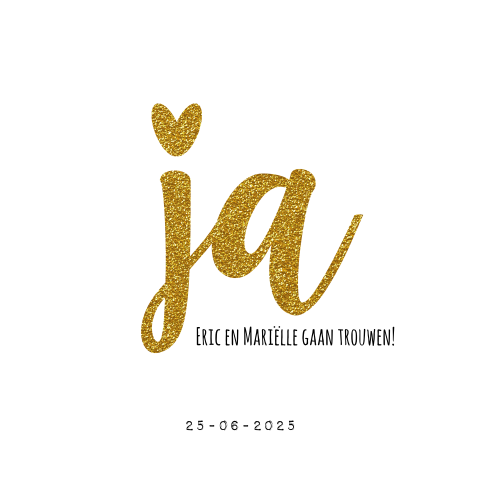 Moderne trouwkaart met goudkleurige glitter Ja en hartje