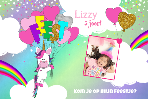 Uitnodiging kinderfeest foto meisje unicorn met ballonnen en sterren