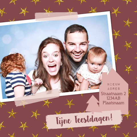 Rondhoek kerst verhuiskaart met foto sterren en kerstboom