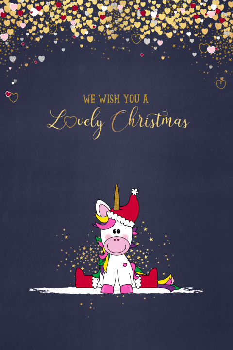 Feestelijk kerstkaart unicorn met vele hartjes en sterren