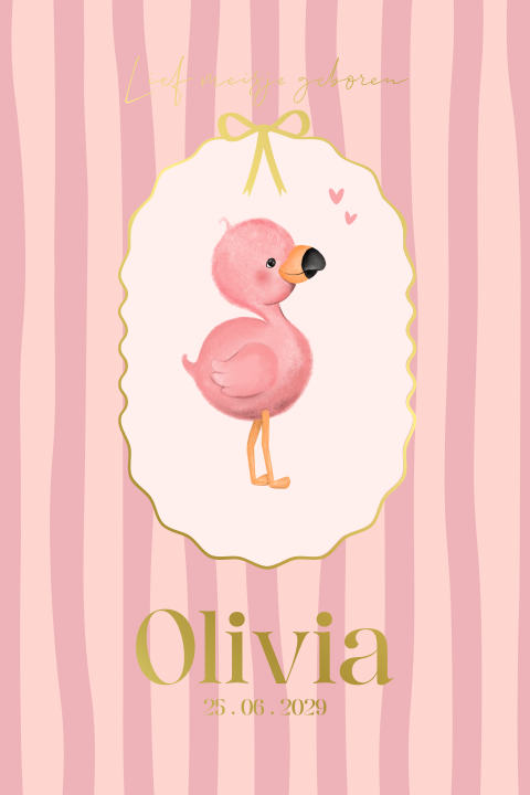 Elegant geboortekaartje meisje met flamingo en goudfolie accenten