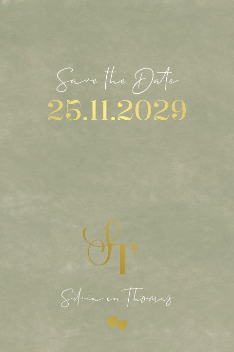 Save the Date kaart groen en goudfolie – Olive and Gold