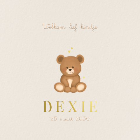 Minimalistisch geboortekaartje lief beertje in soft beige tinten Dexie