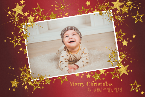 Stijlvolle rode foto kerstkaart met gouden sterren
