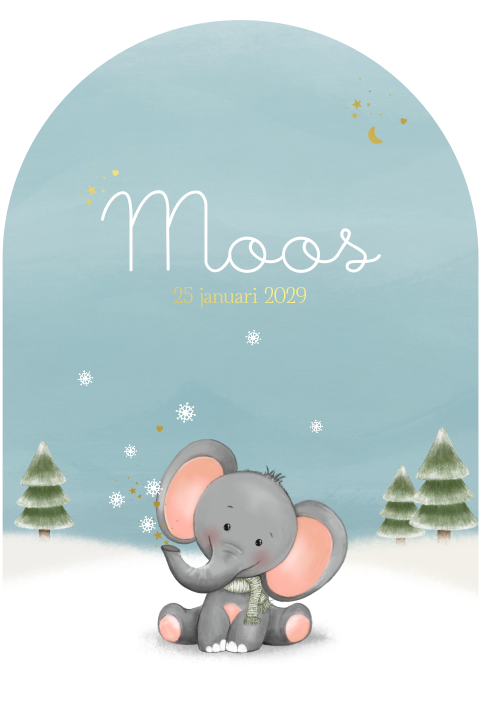 Geboortekaartje winter • Olifantje in de sneeuw • Boogvorm - Moos