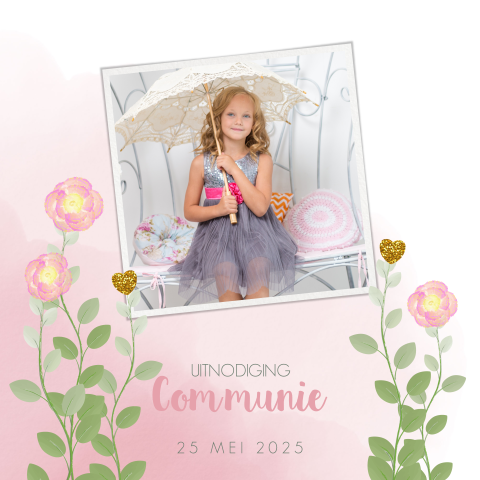 Communie uitnodiging meisje roze waterverf en bloemen