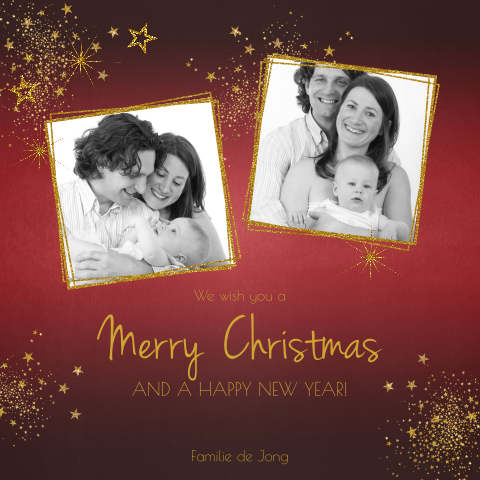 Stijlvolle rode foto kerstkaart en goudkleurige sterren