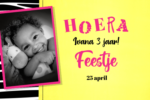 Uitnodiging kinderfeest foto geel en zebraprint