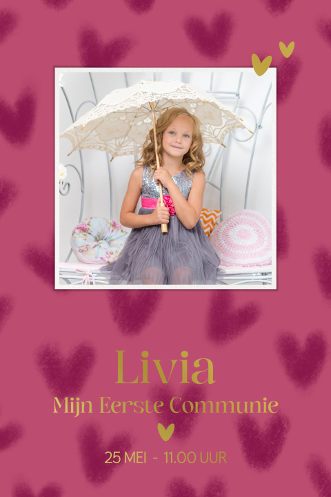 Luxe Roze Communie Uitnodiging met hartjes foto en goudfolie