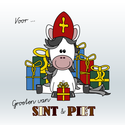 Schattig blauw sinterklaaskaartje met lief paard en chocoladeletters