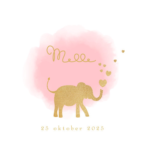 Geboortekaart meisje waterverf silhouet olifant met hartjes Melle