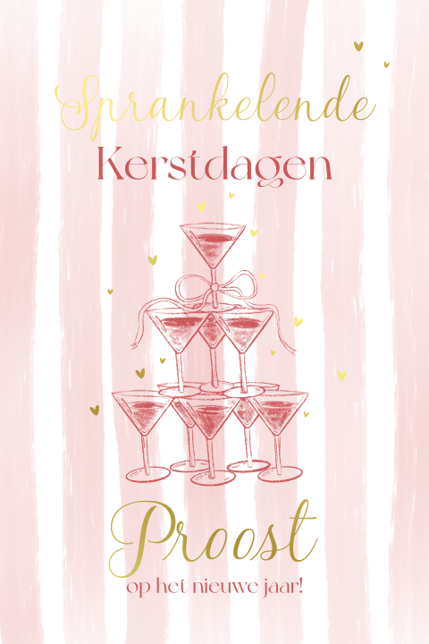Kerstkaart Proost – Sprankelende champagne goudfolie & roze strepen