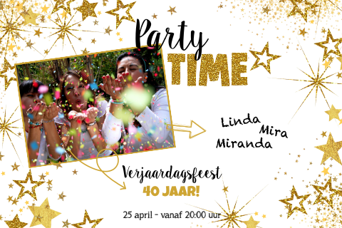 Feestelijke foto uitnodiging Party Time gouden sterren