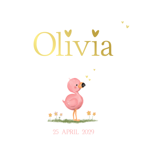 Geboortekaartje flamingo met hartjes – Olivia in goudfolie