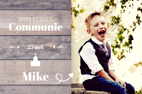 Stoere Communie uitnodiging jongen – Houtlook met kerkje en foto