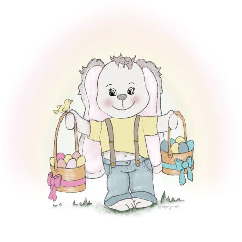 Paaskaart met lief paashaasje met paaseieren en kleurplaat binnenkant