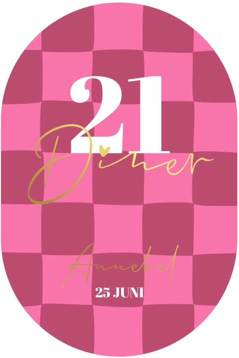 Trendy 21 Diner uitnodiging ovale vorm roze blokpatroon en goudfolie