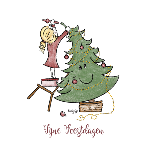Kerstkaart tekening met kerstboom met meisje