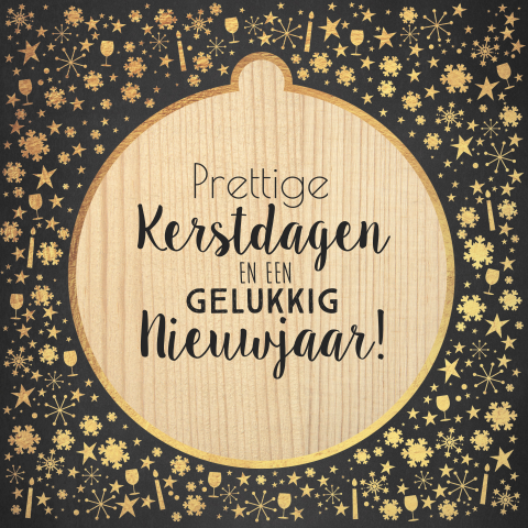 Kerst donker grijs met goudkleurige elementjes en kerstbal licht hout