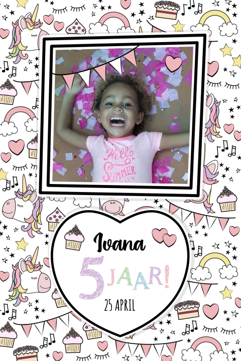 Uitnodiging kinderfeest met foto en vrolijke unicorn doodles