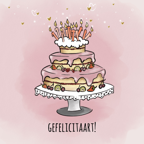 Zoet verjaardagskaartje met verjaardagstaart met kaarsjes