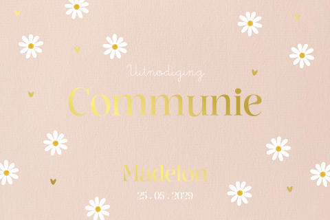 Communie uitnodiging met margrietjes en goudfolie