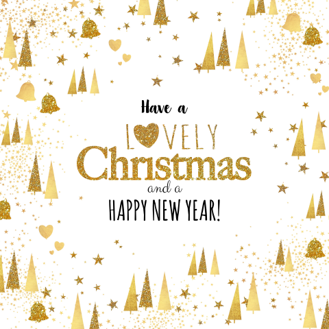 Schitterende kerstkaart Lovely Christmas met gouden kerstbomen