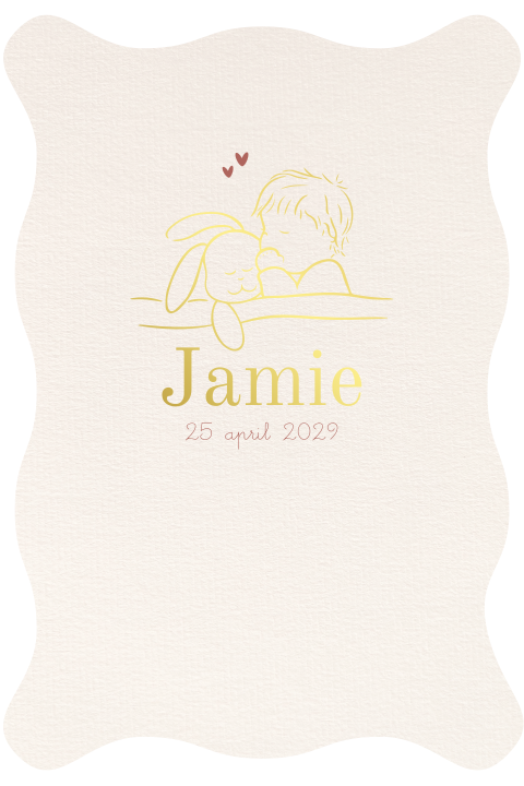 Luxe geboortekaartje golfrand en goudfolie kindje met knuffelkonijn