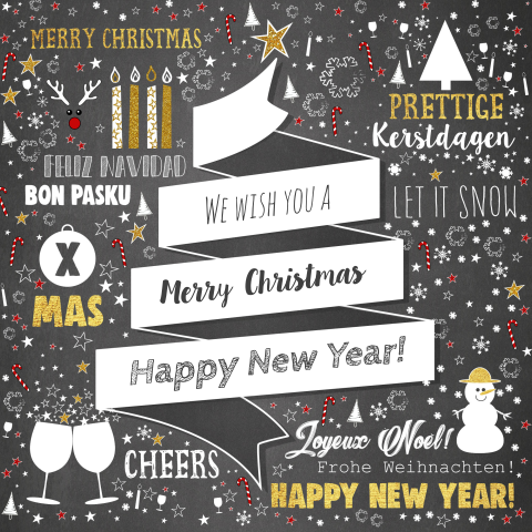 Kerstkaart feestelijk krijtbord met handlettering en kerstversiering