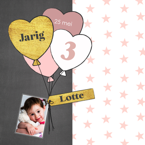 Verjaardagsuitnodiging voor meisjes met eigen foto en ballonnen