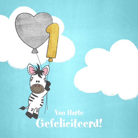 Verjaardagskaart wolken en zebra met ballon 1 jaar