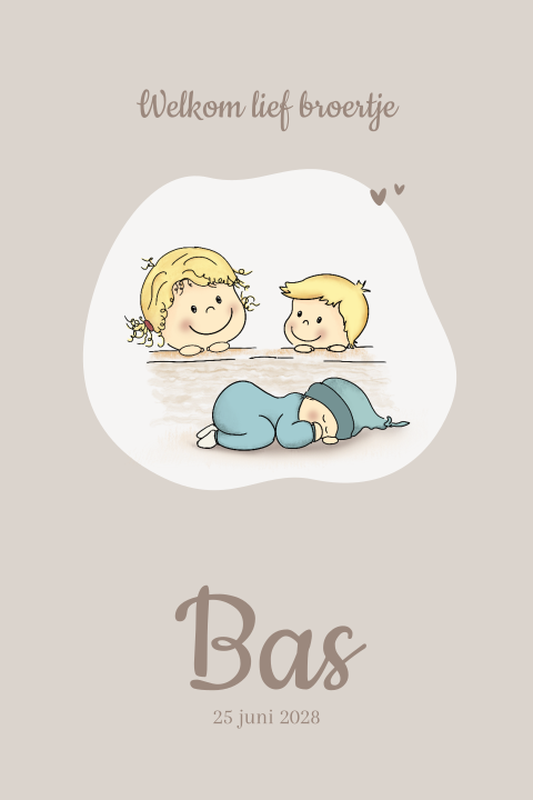 Geboortekaartje derde kindje tekening zus en broer met baby broertje