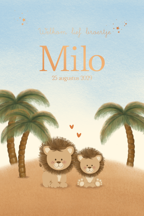 Geboortekaartje broertje zomer met leeuwtjes en palmbomen - Milo