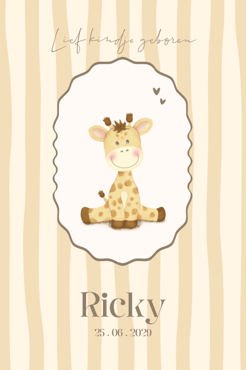 Lief geboortekaartje met zachte strepen en schattig girafje