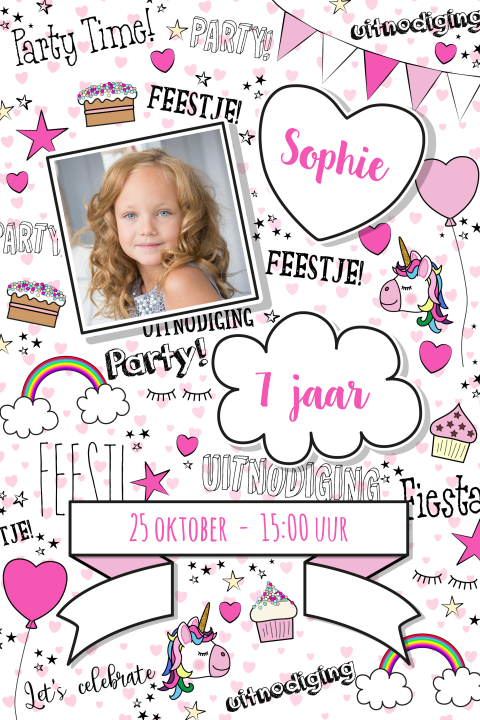 Uitnodiging kinderfeest foto unicorn doodles